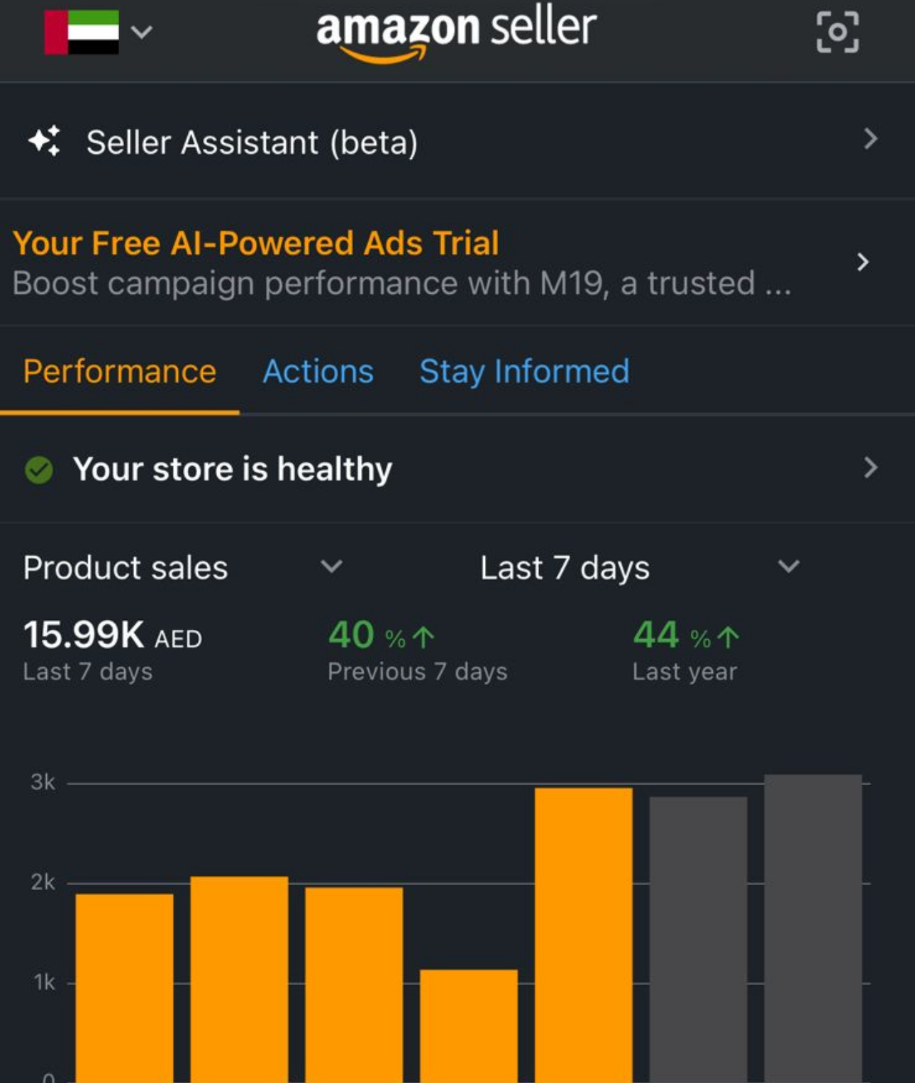Amazon PPC campaign results dashboard for an Adtoprofit client, example 4